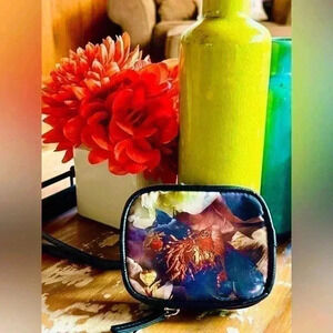 Betsey Johnson wristlet, black floral, red, turquoise, orange